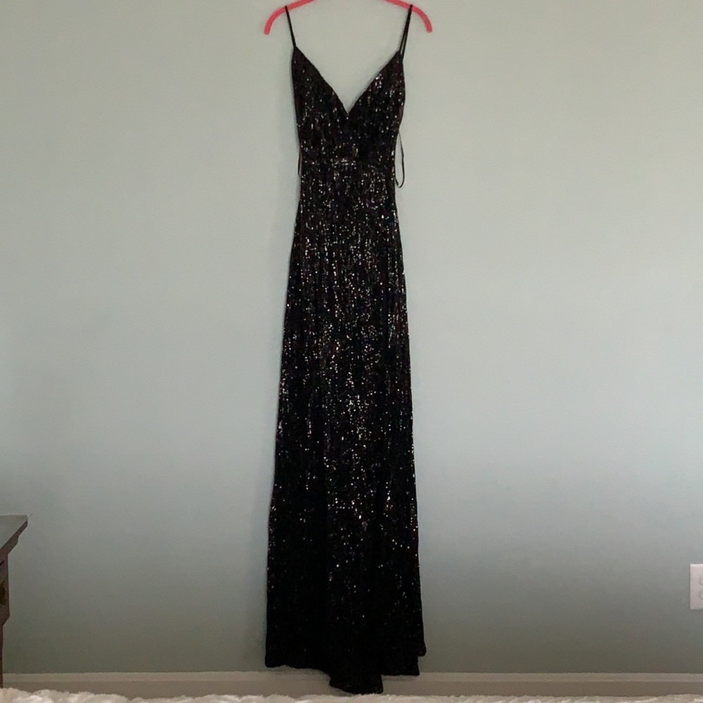 NWT L’atiste Black Sequin Dress with High Slits